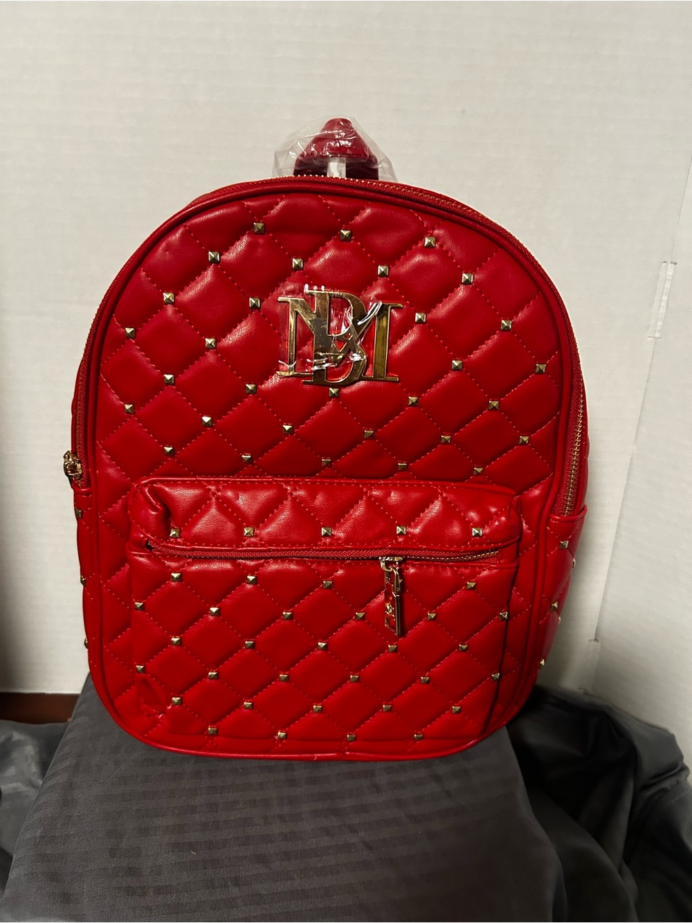 Badgley Mischka Quilted Red Mini Backpack with Gold Hardware